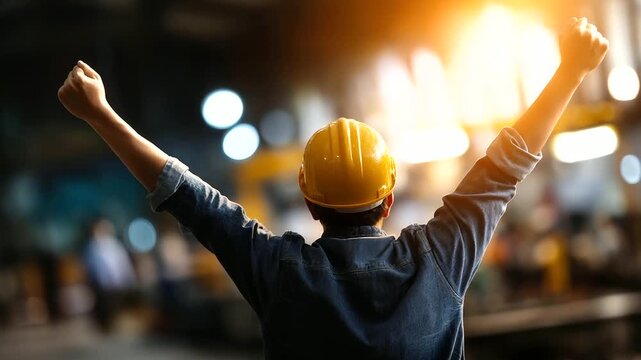 Cheerful industrial worker implied by body language, faceless, workplace blurred, with copy space