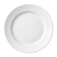 Round clean white ceramic plate, isolated on transparent background.
