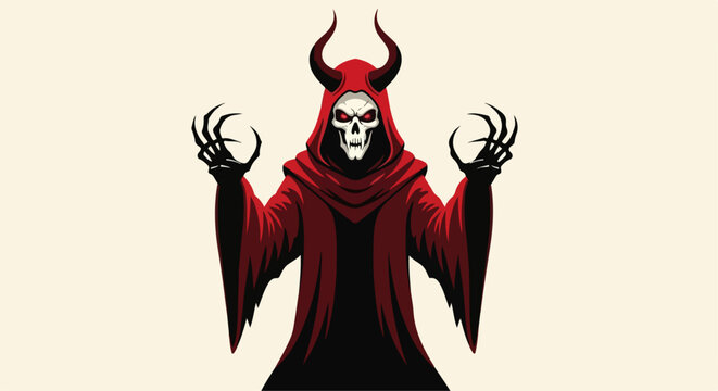 flat illustration of a demon in a red robe and carrying a fireball