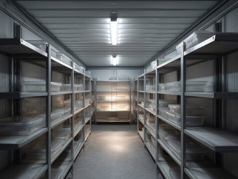 Refrigeration warehouse for food. Metal shelves frozen foods