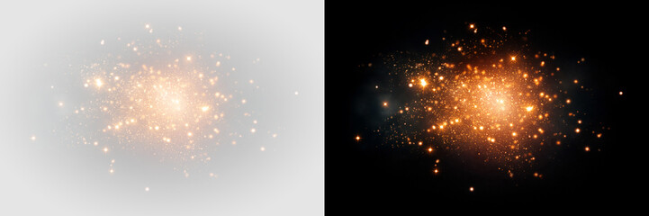 Cosmic galaxy particle explosion with glowing stars nebula dust and deep space light field on transparent background. © Darina