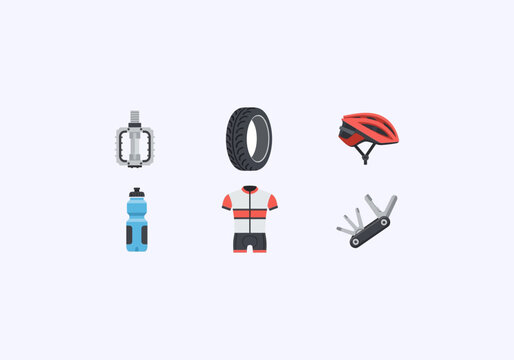 Vector Ilustration idea Concept Essential Cycling Gear - Pedal, Tire, Helmet, Bottle, Outfit, and Multi-Tool.