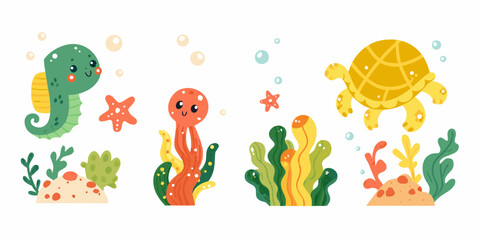 Cute cartoon seahorse turtle starfish and coral reef elements illustration © MituRani