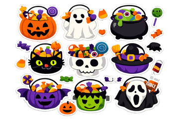 Cute Halloween Treat Bag Stickers Collection. Cartoon Trick or Treat Candy Buckets featuring Jack-o'-lantern, Ghost, Witch, Skull, and Black Cat.