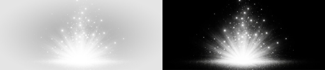 Bright white light explosion with glowing rays sparkling particles and starburst energy effect on transparent background. © Darina
