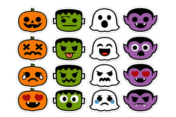 Naklejka premium Halloween Emoji Sticker Pack: Cute Pumpkin, Ghost, Frankenstein, Vampire Monster Faces and Expressions