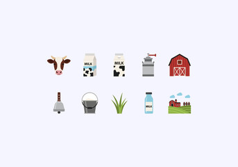 Vector Ilustration idea Concept Farm Icons Set - Cow, Milk, Barn, and Agricultural Elements.