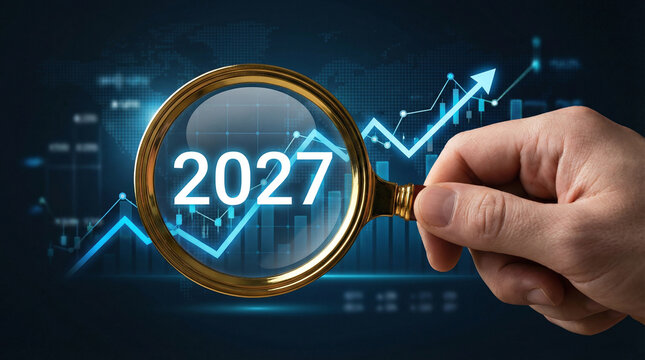 Magnifying Glass Highlighting &ldquo;2027&rdquo; Over Rising Financial Graph Symbolizing Future Investment Opportunities
