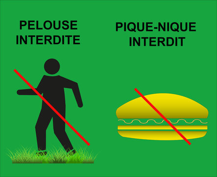 Panneau d'interdiction pour pelouse interdite et pique-nique interdit, sur fond vert