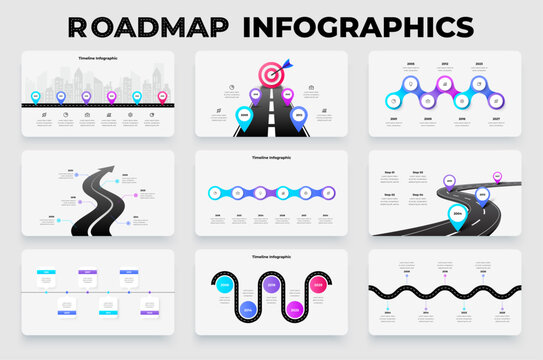 Roadmap timeline infographics set with curved roads, milestone maps, navigation pins and timeline diagrams for business presentations and project planning