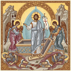 Fototapeta premium Christian icon of Christ resurrection scene. Jesus emerges from his tomb, angels by and guards sleeping. For Easter holiday.