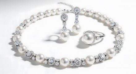 Obraz premium Elegant bridal jewelry set featuring a pearl necklace, matching earrings, and a ring with diamonds on white background