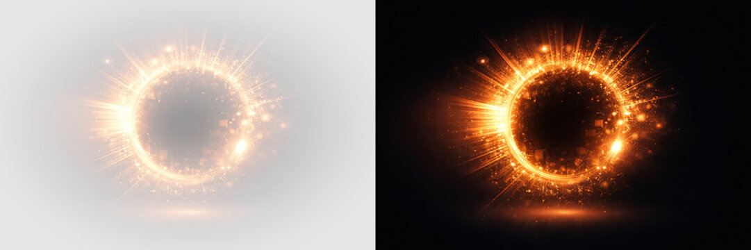 Golden glowing light ring with sparkling particles energy rays and circular halo effect on transparent background.