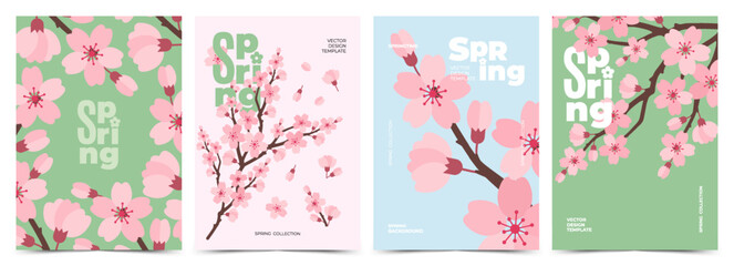 Hello Spring poster set with Sakura cherry blossom branches. Floral art template for Japanese themed, Hanami, banner, greeting card, cover, seasonal decor, advertising, social media. © Svitla