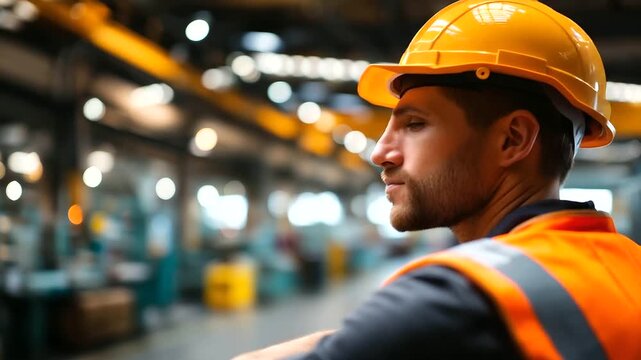 Factory engineer monitoring a production line, face obscured, modern manufacturing environment, defocused background, with copy space
