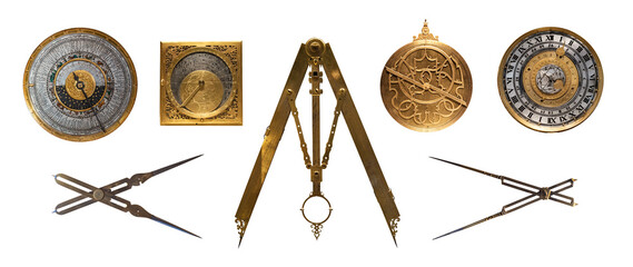Collection of antique scientific and astronomical instruments isolated on a white background. Features historical astrolabes, sundials, compasses, dividers, and precision measuring tools . 