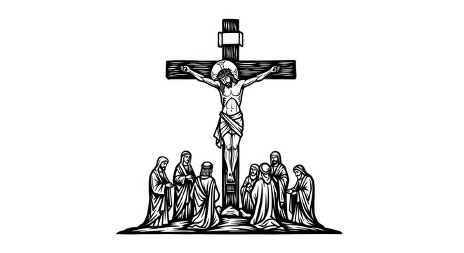 Black linear illustration of Christ crucified on cross with men and women mourners below. Good Friday and Easter religious concept.