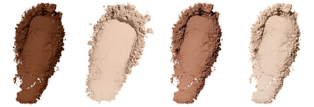 detailed close-up photograph of various cosmetic powder swatches, showcasing different foundation and bronzer shades.