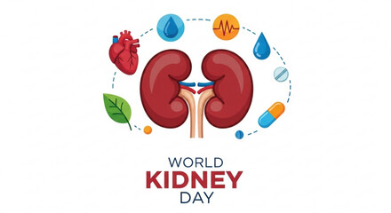 Fototapeta premium World kidney day illustration with kidneys heart and health symbols on white background