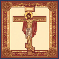 Fototapeta premium Man Jesus Christ on cross in painted icon style. Religious illustration for Easter, Good Friday, crucifixion, resurrection.