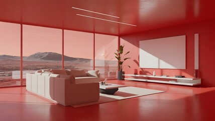 Fototapeta premium Modern living room with red walls and desert landscape view interior