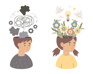 Mental Health Contrast. Young Man with Tangled Thoughts and Gears vs Girl with Blooming Flowers, White Doves Peace and Lightbulb Idea. Vector Flat Illustration for Empathy and Support Concept