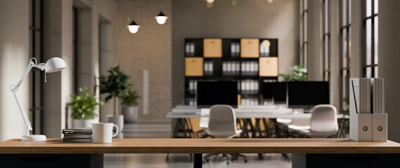 Minimalist workspace with wooden desk, lamp, stacked books, and open notebook in modern office 3D...
