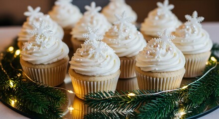 Winter cupcakes with white frosting and snowflake decorations. Festive Christmas holiday dessert on a platter with pine branches and lights
