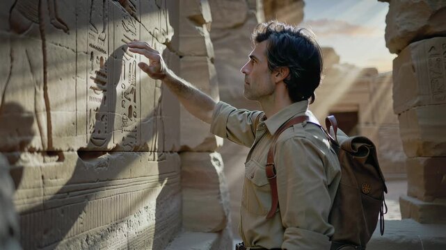 Archaeologist in khaki shirt and hat gently traces ancient hieroglyphs on sunlit temple wall focused expression revealing deep engagement with historical artifact and cultural legacy.