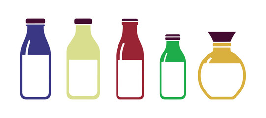 Collection of flat-style glass bottles filled with milk. Flat-style milk illustration vector4

