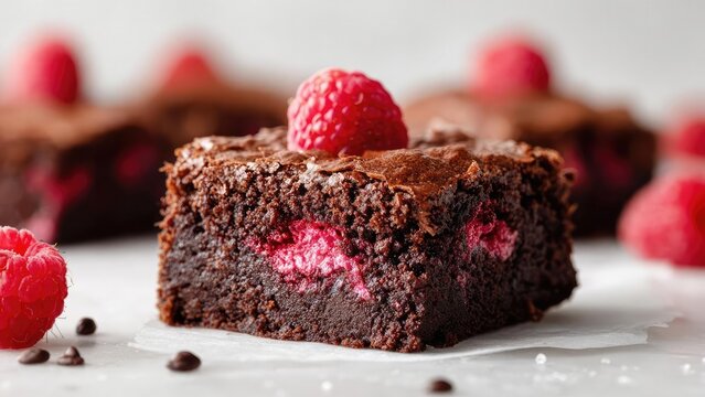 A fudgy chocolate brownie square with raspberry filling, topped with a fresh raspberry. Concept Fudgy chocolate brownie, Raspberry filling, Fresh raspberry topping, Dessert photography