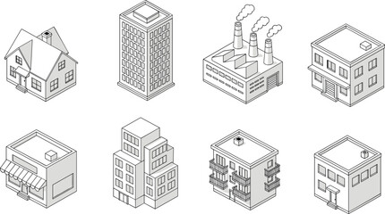 Isometric building icon set including residential house office skyscraper factory store apartment block and suburban home cad drawing flat vector illustration © VectoInfinity 