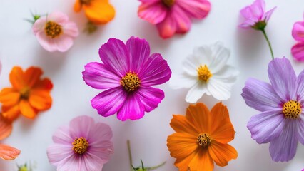 Fototapeta premium Colorful cosmos flowers with pink, orange, white and purple petals scattered on a white background. Concept Cosmos Flowers, Colorful Petals on White Background, White Background Floral Still Life
