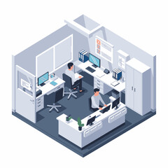 Obraz premium Isometric office space with multiple workstations and employees working on computers.