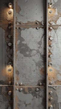 Weathered metallic panel with visible bolts and textured rust patches, casting subtle shadows