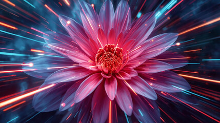 Obraz premium Beautiful pink lotus with blue light lines wallpaper 4k ,Generative AI.