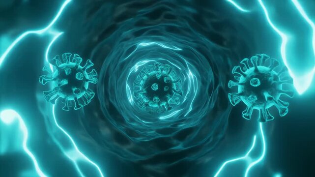 Viral particles swirling in a futuristic vortex with electric blue energy surrounding a dark center, 3D illustration