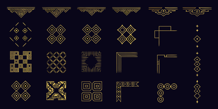 Geometric golden ornaments and decorative art deco patterns on a dark background