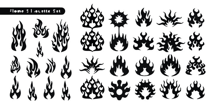 Collection of stylized black flame designs arranged on a dark background