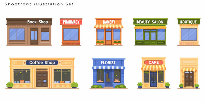 Colorful storefront illustrations depicting various small businesses and shops