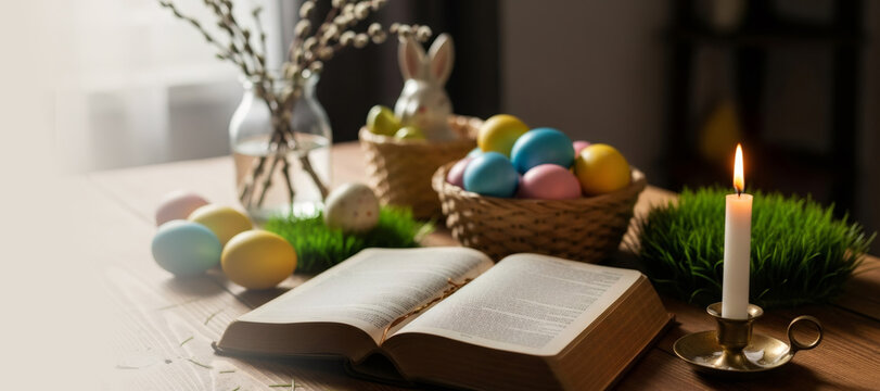Open bible on a wooden table with Easter eggs, pussy willow branches, and a burning candle to symbolize religious tradition. Banner with copy space