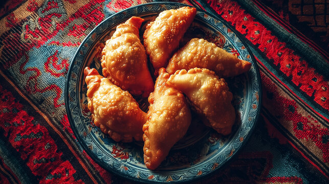 Golden fried samsa pastries on decorative plate, top view, traditional Central Asian food on patterned textile background.
