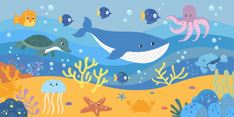 Obraz premium A colorful underwater scene featuring various marine life and coral
