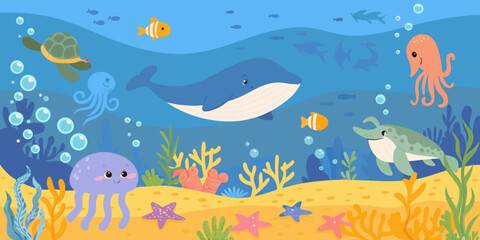 Colorful underwater scene featuring a whale turtle octopus and other sea creatures © Mityunjoy