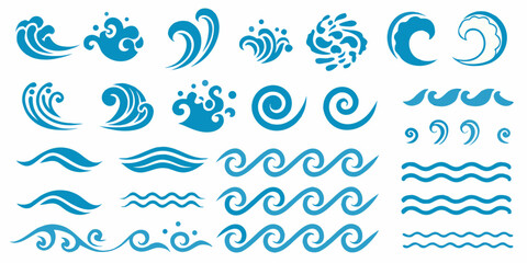 Collection of stylized blue water wave and swirl design elements