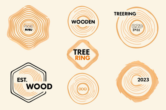 Collection of wooden and tree ring inspired logo designs in peach tones