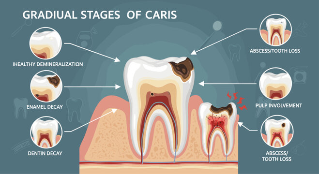 A detailed medical illustration on a dark blue background vividly displays the gradual stages of dental caries progression from initial demineralization to severe tooth decay and eventual tooth loss.