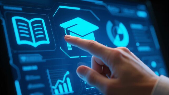 Online learning webinar personal education development skill e-learning business digital concept hand pointing on touchscreen for interactive training knowledge growth and business advancement