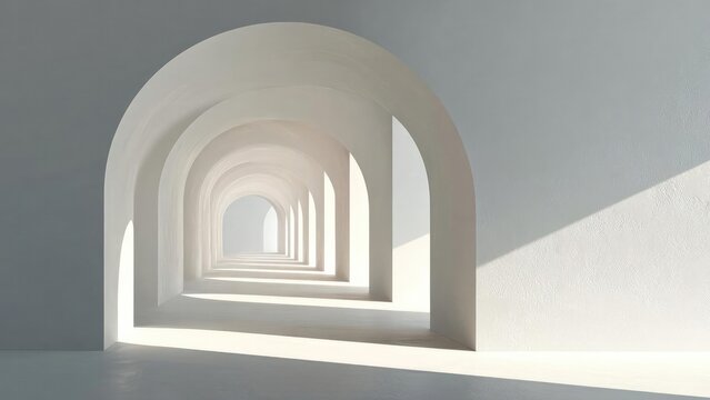 A row of white arched doorways forming a bright, receding tunnel. Concept Architectural symmetry, White arched doorways, Bright receding tunnel, Linear perspective, Light and depth