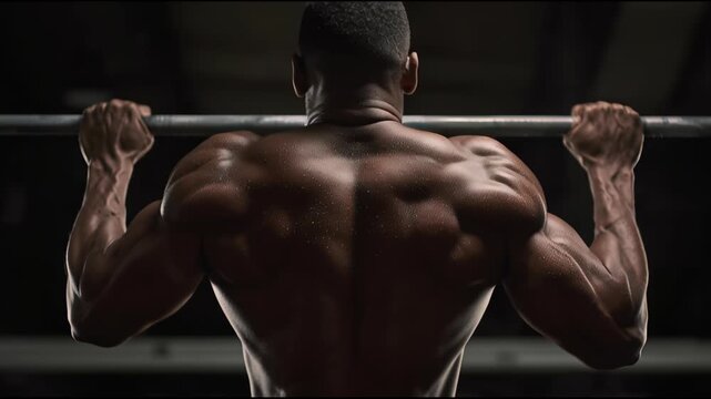 Male athlete performing pull-up exercise in a dark gym from behind